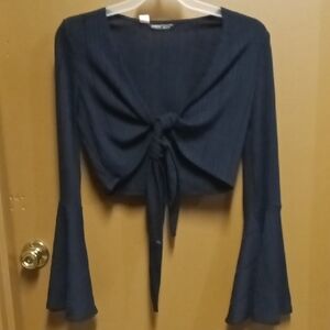 SHEIN Navy Tie-Front Bell Sleeve Blouse